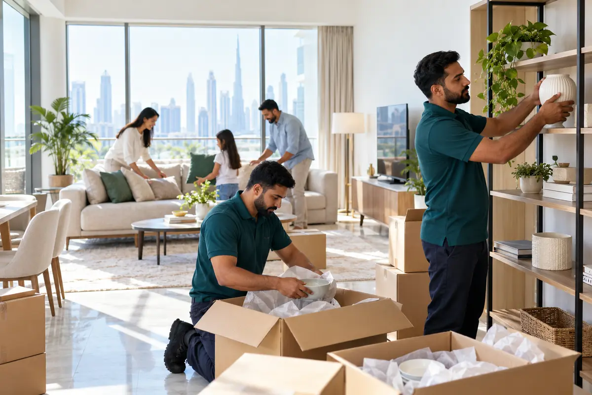 Movers unpacking boxes in a new Dubai living room